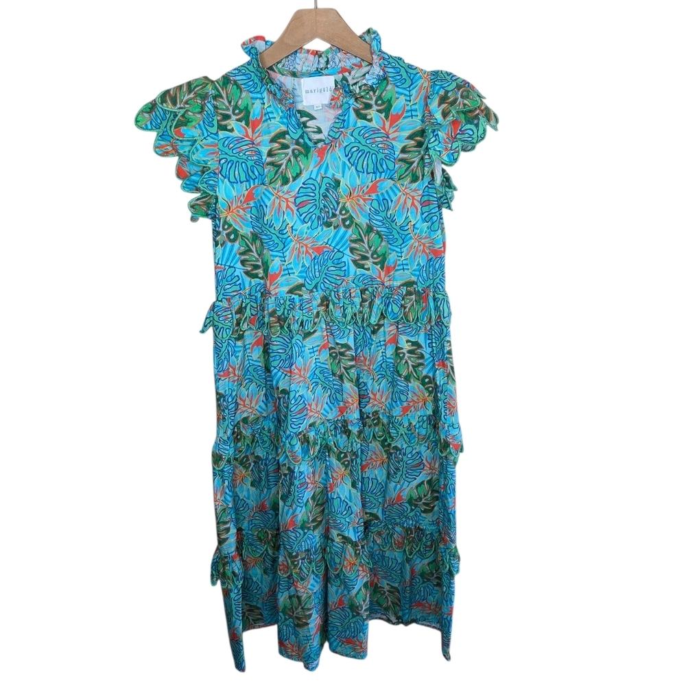 Marigold Colorful Tropical Floral Midi V-neck Dress Scallop Details Tiered Skirt